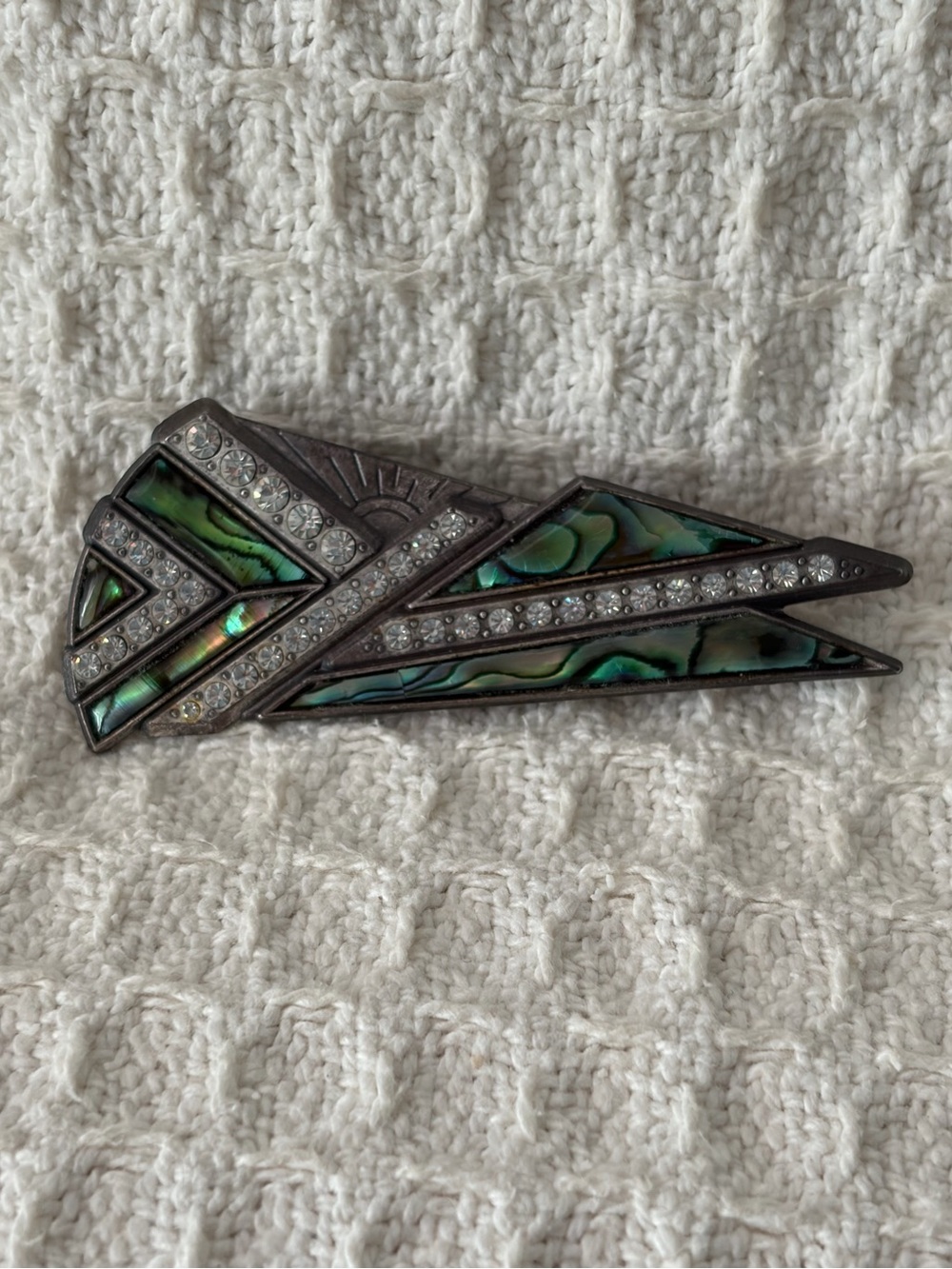 Vintage Nuri Art Deco Sunrise Abalone And Clear Rhinestone Brooch